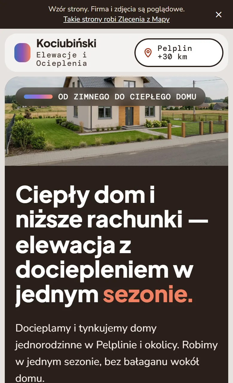 Wzór strony dla firmy od elewacji — Kociubiński — Elewacje i Ocieplenia, widok na telefonie