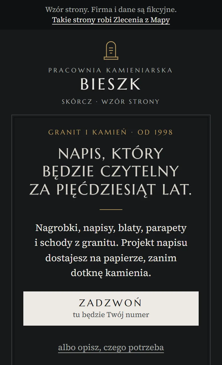 Wzór strony dla kamieniarza — Pracownia Kamieniarska Bieszk, widok na telefonie