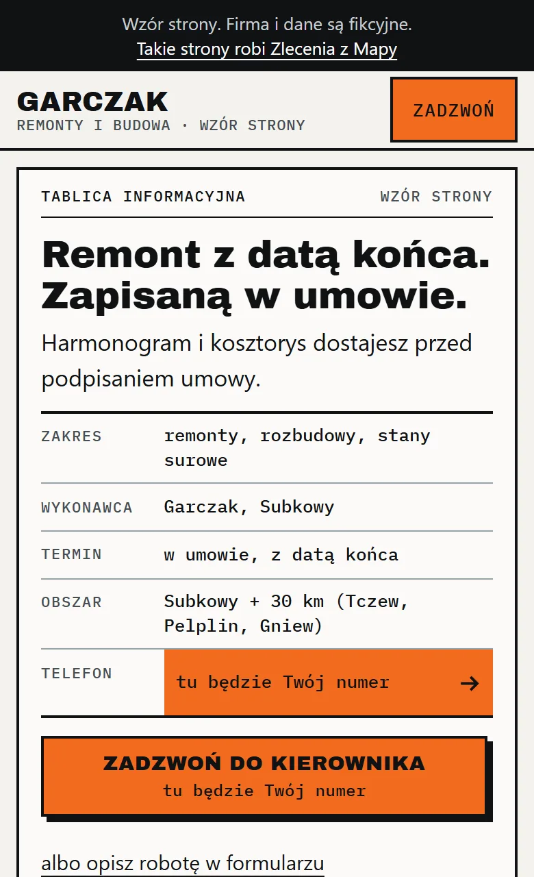 Wzór strony dla firmy remontowej — Zakład Remontowo-Budowlany Garczak, widok na telefonie