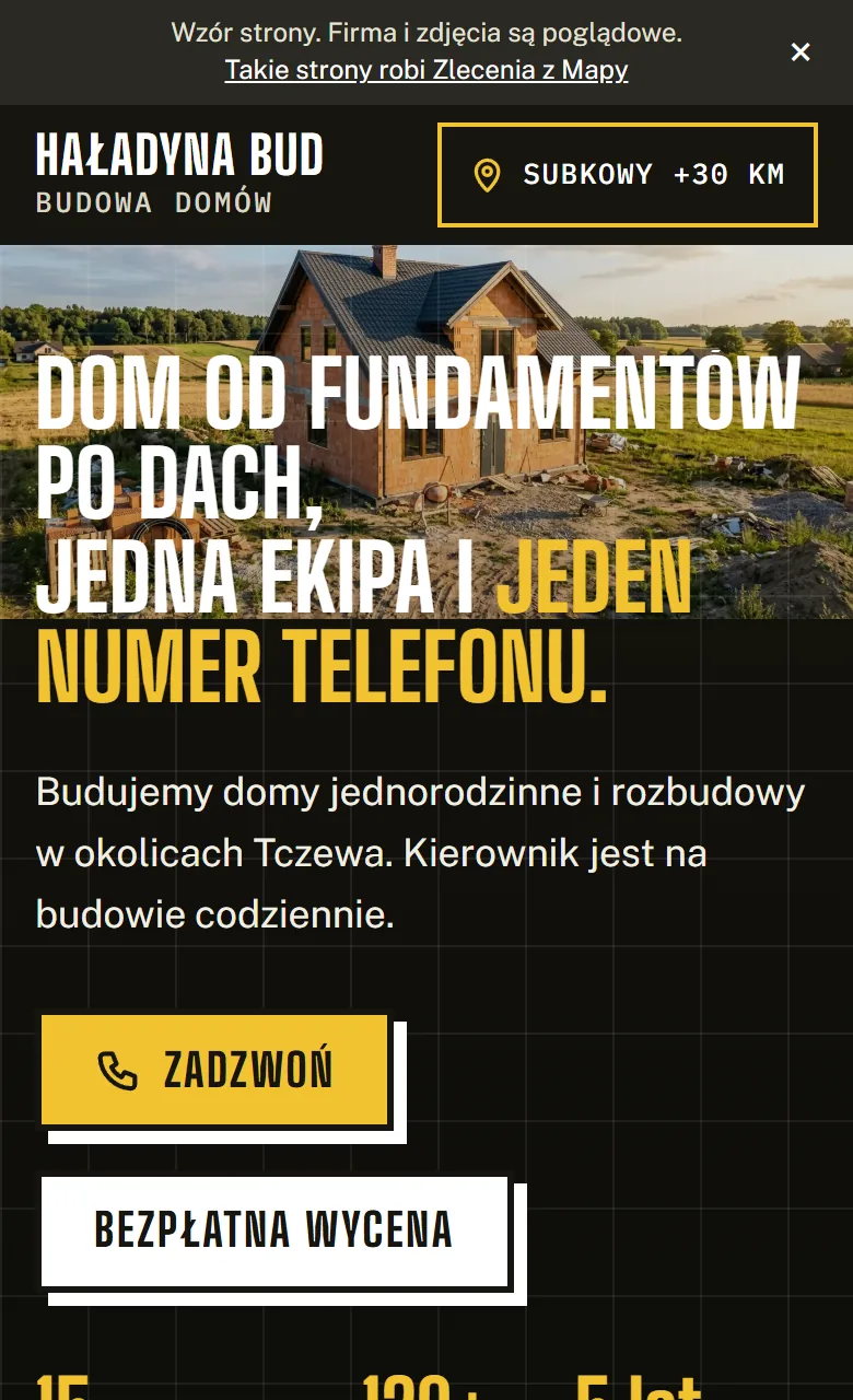 Wzór strony dla firmy budującej domy — Haładyna Bud — budowa domów, widok na telefonie