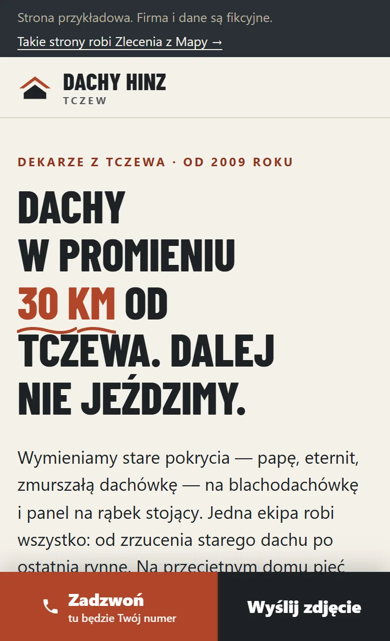 Wzór strony dla dekarza — Dachy Hinz, widok na telefonie