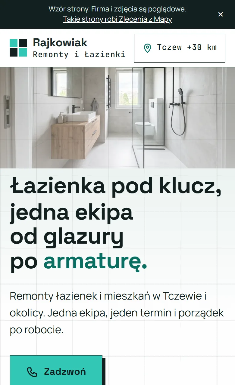 Wzór strony dla firmy od łazienek i remontów — Rajkowiak — Remonty i Łazienki, widok na telefonie