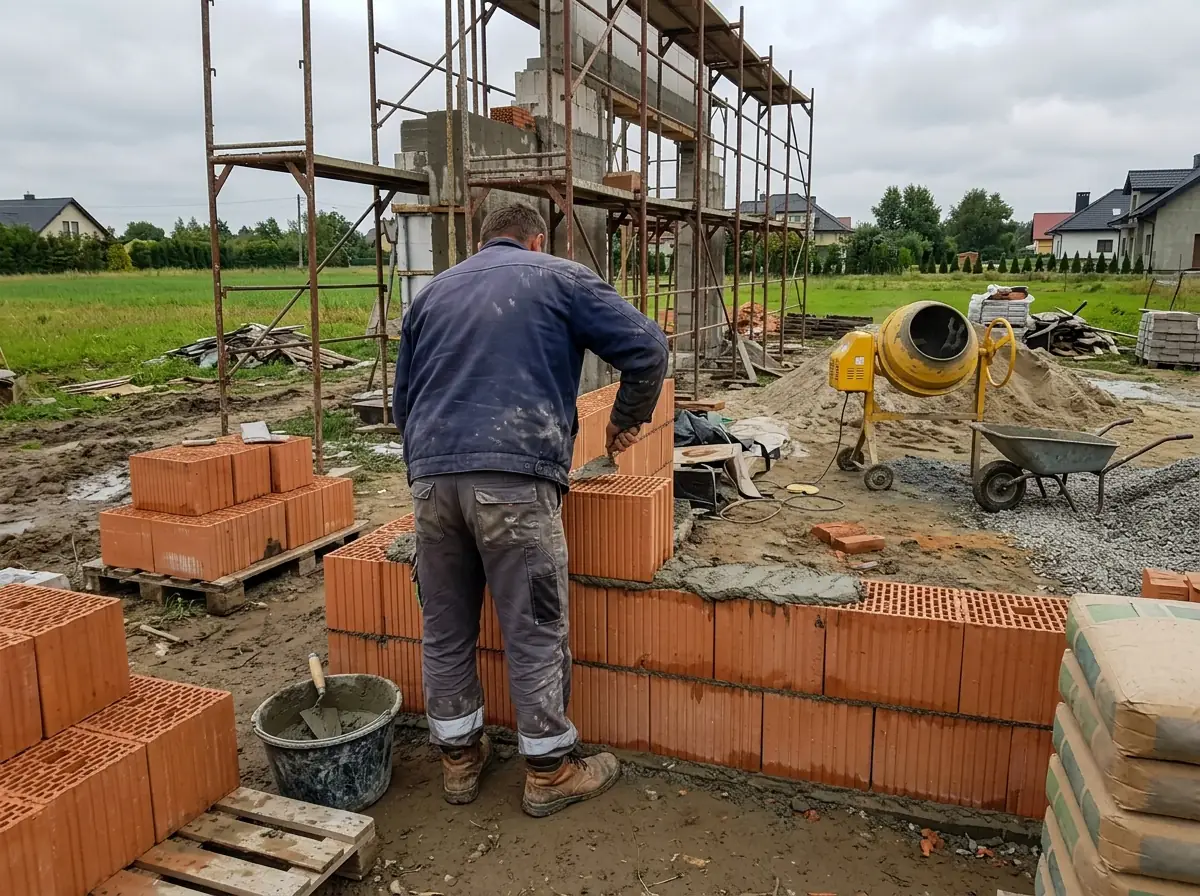 Murarz układa ścianę z ceramicznych pustaków na zaprawie, w tle rusztowanie i betoniarka.