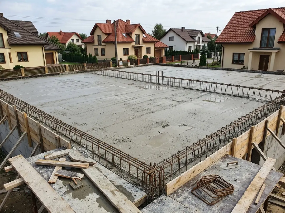 Zalany strop i zbrojenie wieńca na budowie domu jednorodzinnego, deskowanie, w tle sąsiednie domy.